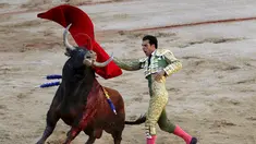 Matador asal Spanyol, Alberto Lopez beraksi di Festival San Fermin, Pamplona, Spanyol, Selasa (7/7/2015). Aksi pertarungan antara Matador dengan banteng menjadi salah satu aksi yang ditunggu di Festival San Fermin. (Reuters/Vincent West)