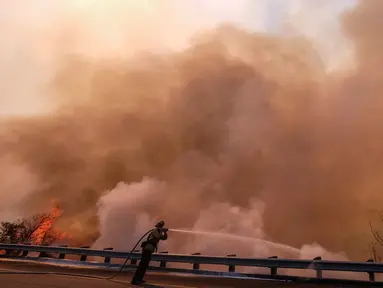 Petugas pemadam kebakaran berusaha memadamkan api di sepanjang Ronald Reagan (118) Jalan Bebas Hambatan di Simi Valley, Californnia (12/11). Api  melahap ribuan hektare hutan dan menghancurkan banyak rumah di California, AS. (AP Photo / Ringo H.W. Chiu)