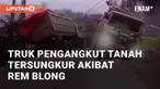Truk pengangkut tanah tersungkur di Curugbitung, Kabupaten Lebak. Diketahui, kecelakaan disebabkan rem blong pada truk