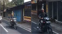 Viral video aksi bapak-bapak naik motor sambil bawa botol air di kepala. (Sumber: TikTok/@86jengkol)