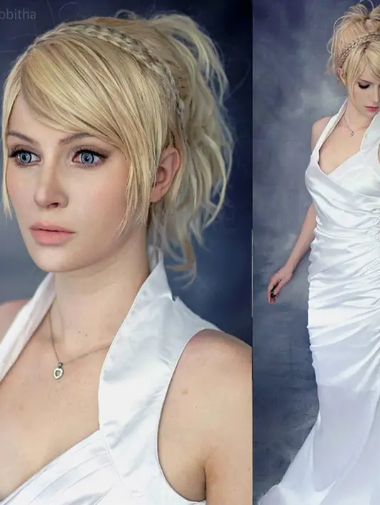 Penampilan AlysonTabbitha saat mengenakan kostum dan make up cosplay Lunafreya dalam Film Final Fantasy XV dengan gaun warna putih dipadu dengan wig keemasan. (Instagram / AlysonTabbitha)