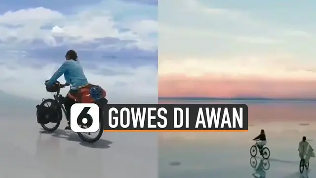 Fenomena alam yang terjadi di lautan garam ini sangat indah. Beberapa pesepeda terlihat seperti sedang gowes di awan.