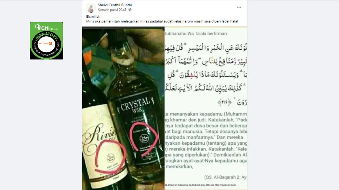 Cek Fakta Liputan6.com menelusuri klaim foto botol miras berlabel halal dari pemerintah