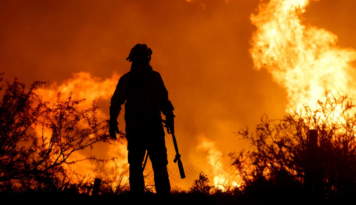 Siluet petugas pemadam kebakaran di tengah kobaran api kebakaran hutan di pinggiran Villa Carlos Paz, Argentina, Selasa (10/10/2023). Kebakaran hutan mendorong evakuasi dari Villa Carlos Paz. (AP Photo/Nicolas Aguilera)