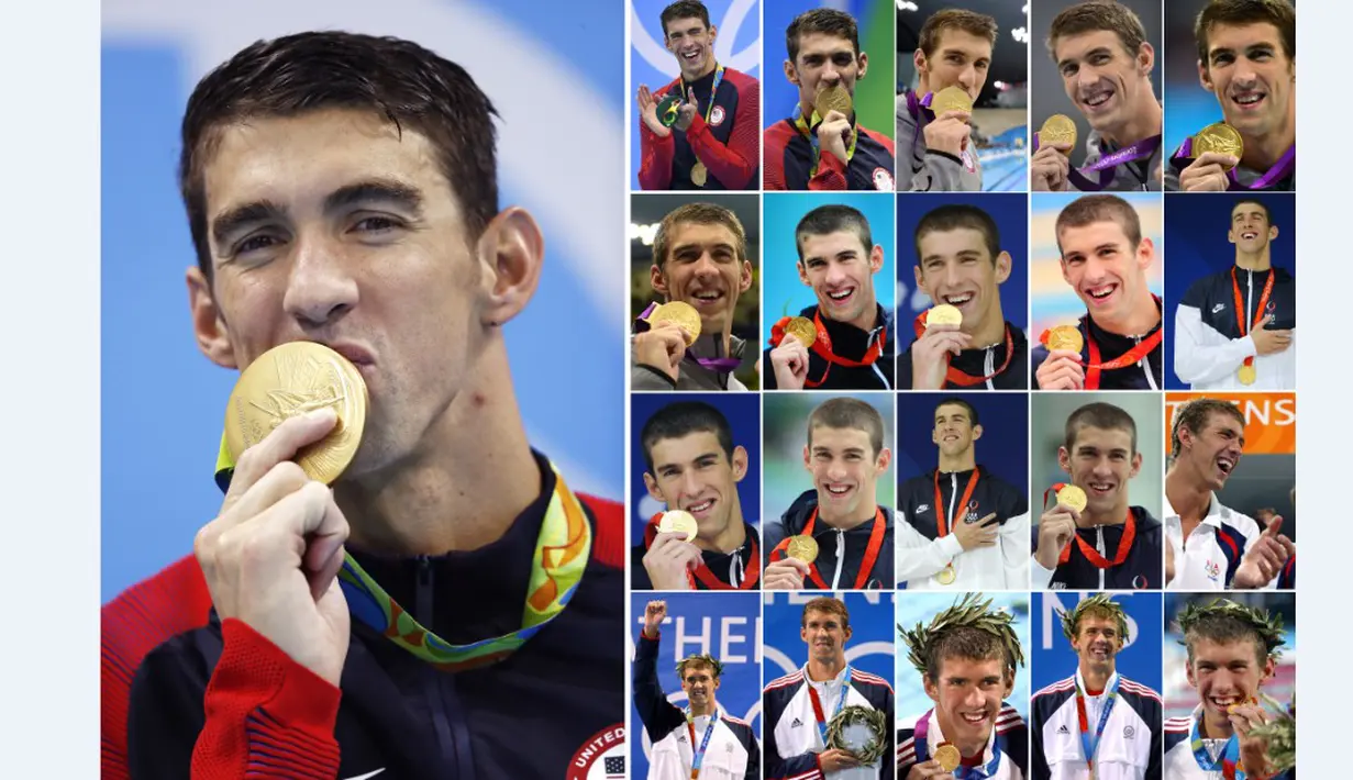 Kombinasi foto yang menunjukkan ekspresi perenang AS, Michael Phelps, dengan 21 medali emas yang diraihnya di Olimpiade Athena 2004, Olimpiade Beijing 2008, Olimpiade London 2012, dan Olimpiade Rio 2016. (AFP)