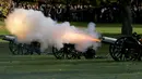 Anggota Raja Pasukan Royal Horse menembakkan meriam untuk merayakan ulang tahun Pangeran Charles di Green Park, London, Rabu (14/11). Tembakan salvo sebanyak 41 kali tersebut menandai hari ulang tahun Pangeran Charles yang ke-70. (AP/Tim Ireland)