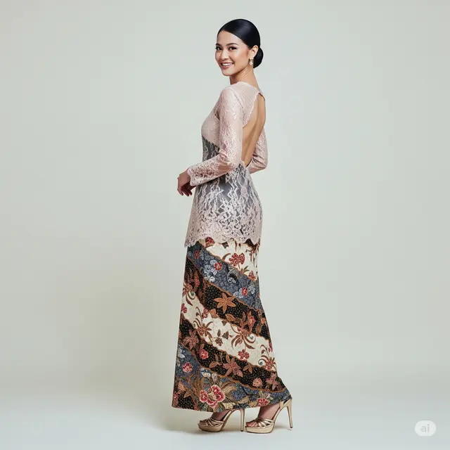 Inspirasi Dress Batik Brokat Tumpuk Dua Motif.
