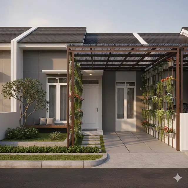 Desain Rumah Tipe 36 dengan Kanopi Mobil dan Halaman Depan