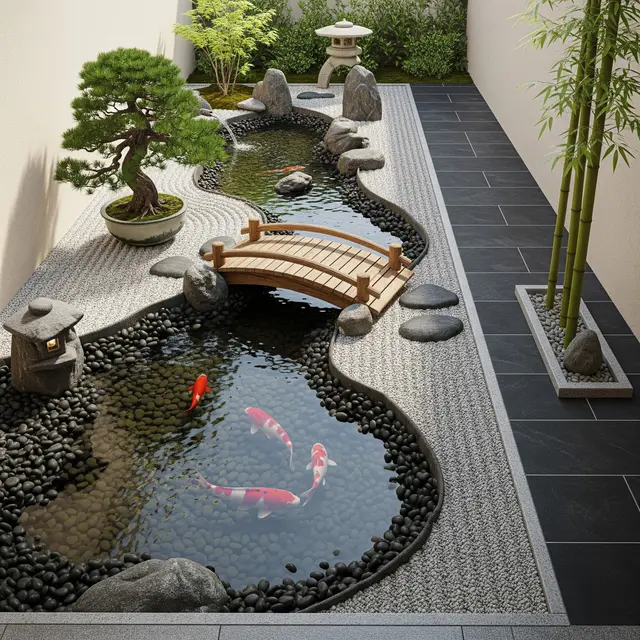 Teras Rumah Sempit dengan Kolam Kecil