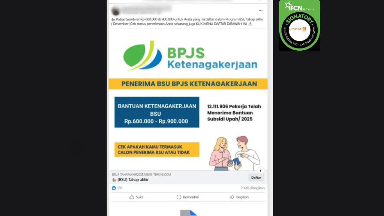 Tangkapan layar klaim untuk mengecek status penerima BSU BPJS Ketenagakerjaan yang beredar di Facebook.