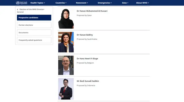 Menteri Kesehatan RI Budi Gunadi Sadikin masuk dalam daftar kandidat potensial Direktur Jenderal WHO. Namanya tercantum sebagai kandidat yang diusulkan Indonesia. (Tangkapan Layar Situs Resmi WHO)