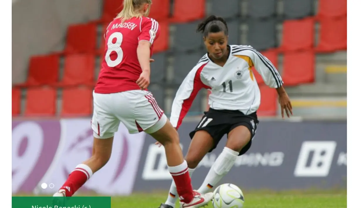 Pemain sepak bola keturunan Kamerun dan Jerman, Nicole Banecki (kanan), bermain untuk tim Piala Dunia Jerman serta SC Freiburg di Liga Jerman, diperkirakan menerima gaji sebesar $90.000. (Photo/dfb.de)