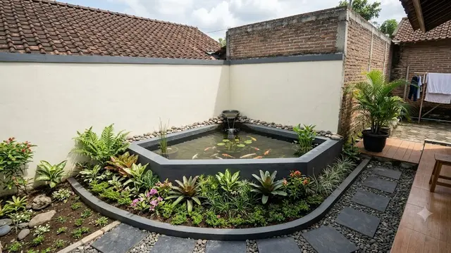 Inspirasi Kolam Sudut Berbentuk Segitiga dengan Desain Minimalis yang Bikin Halaman Kecil Terasa Luas Berdampingan dengan Taman
