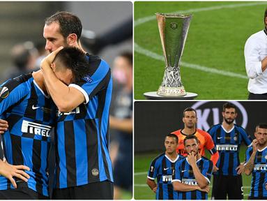 Inter Milan harus mengubur mimpi mereka untuk mengangkat trofi juara Liga Europa 2019/2020 usai takluk oleh Sevilla di babak final. Berikut ragam ekspresi Antonio Conte dan pemain Inter Milan usai kalah di final Liga Europa. (kolase foto AFP)
