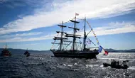 Kapal barque Belem tiga tiang dari abad ke-19 Prancis berlayar di dekat pantai Marseille, Laut Mediterania, pada tanggal 8 Mei 2024. (CHRISTOPHE SIMON/AFP)