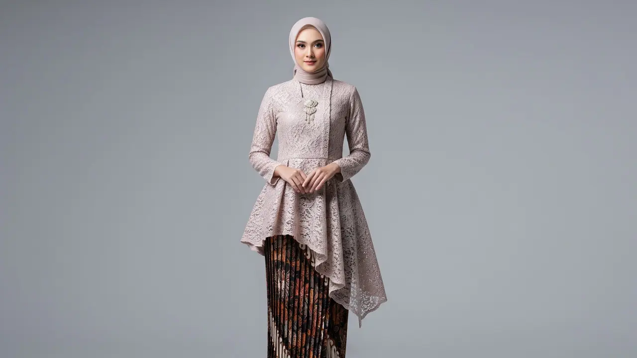 Model Peplum Asimetris dengan Rok Plisket Parang