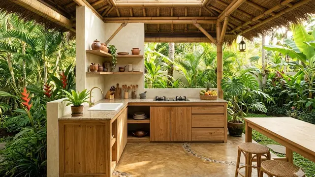 Dapur Semi Terbuka dengan Atap Bambu atau Skylight