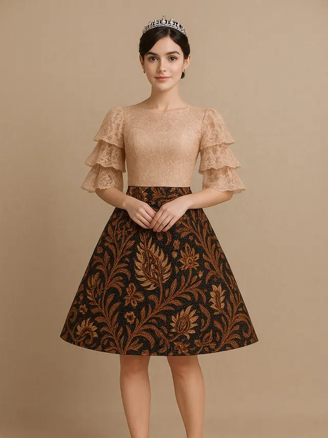 Model Batik Brokat Kombinasi Lengan Tiga Lapis