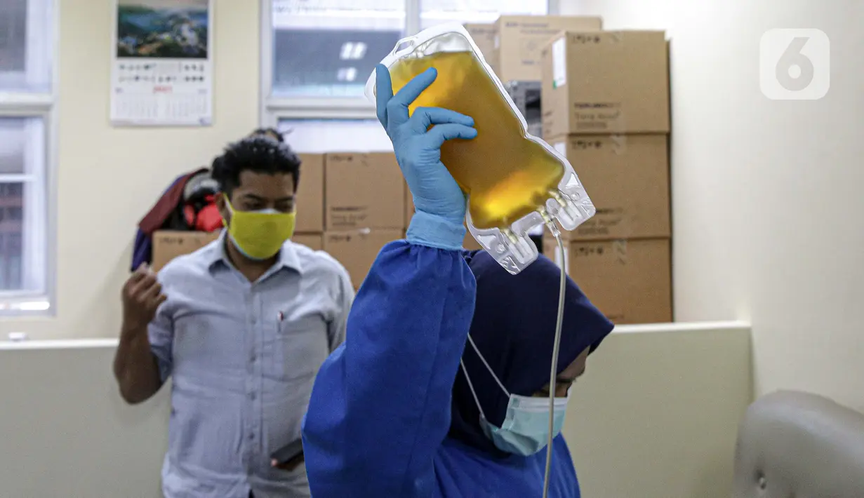 Petugas memegang kantong berisi plasma darah atau plasma konvalesen dari pasien sembuh COVID-19, di Unit Donor Darah (UDD) PMI DKI Jakarta, Rabu (23/6/2021). PMI DKI Jakarta menyatakan ketersediaan stok plasma konvalesen di DKI kosong. (Liputan6.com/Faizal Fanani)