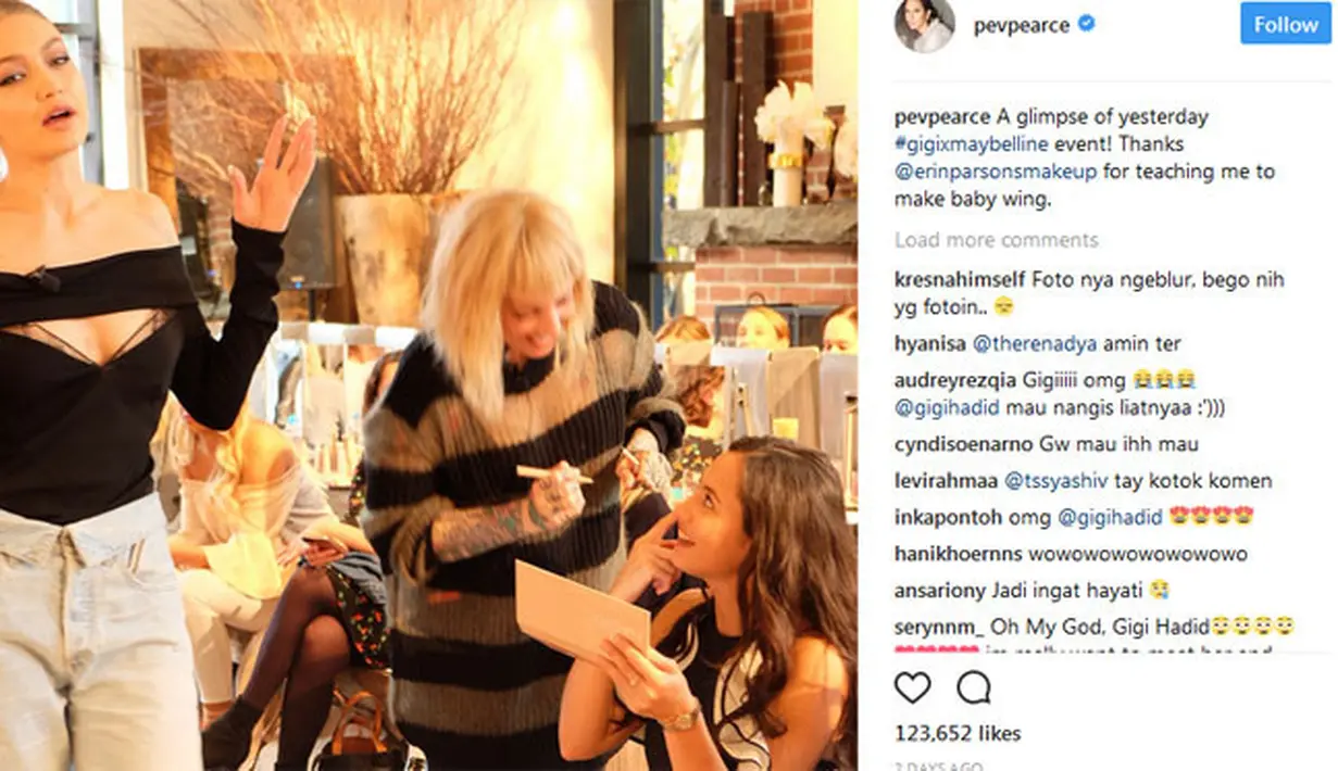 Belum lama ini, Pevita mengunggah sejumlah foto dan beberapa di antaranya terdapat Gigi Hadid di dalamnya. Ternyata keduanya berada dalam satu acara yang sama, GigixMaybeline.  (Instagram/pevitapearce)