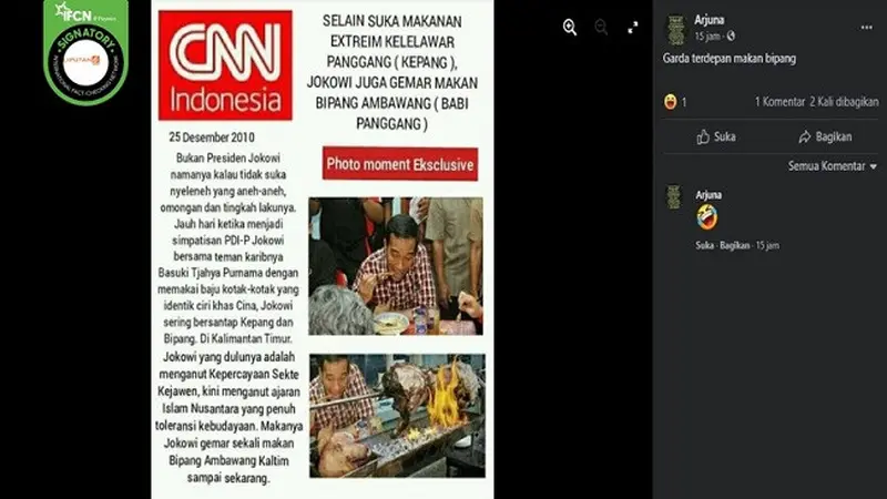 Gambar Tangkapan Layar Artikel Hoaks Berjudul "Jokowi Juga Gemar Makan Bipang Ambawang" (sumber: Facebook)