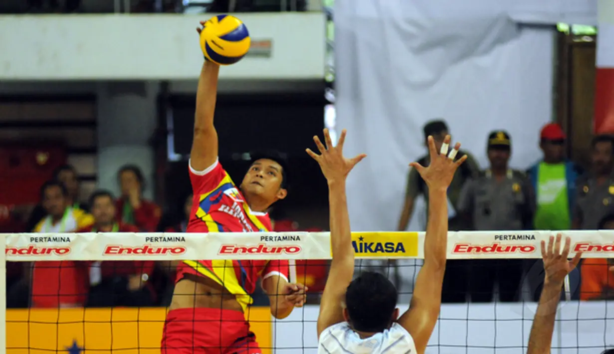 Pevoli putra Jakarta Electric PLN, Oki Setia Primadi melakukan smesh saat laga melawan Palembang Bank Sumsel Babel di Pertamina Proliga 2015 di GOR Dome Balikpapan, (8/2/2015). Jakarta Electric PLN unggul 3-1. (Liputan6.com/Helmi Fithriansyah)