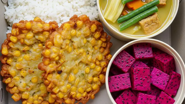 Nasi Putih + Bakwan Jagung + Sayur Lodeh + Buah Naga