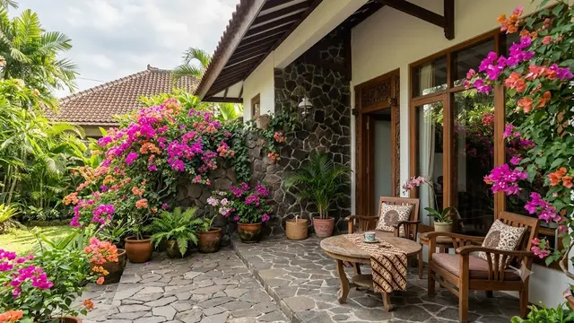 Ide Teras Rumah dengan Bougenville dan Batu Alam