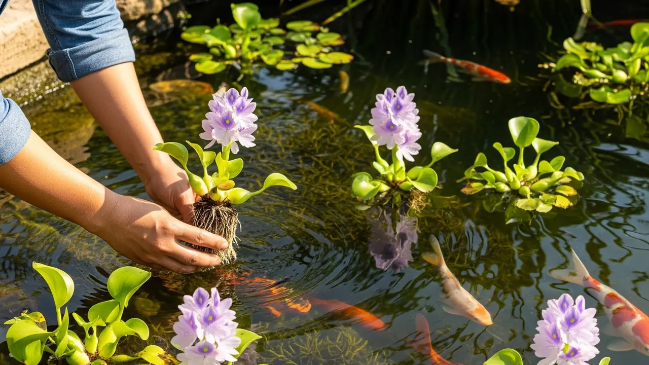 Menanam Enceng Gondok di Kolam Ikan (Gemini AI)