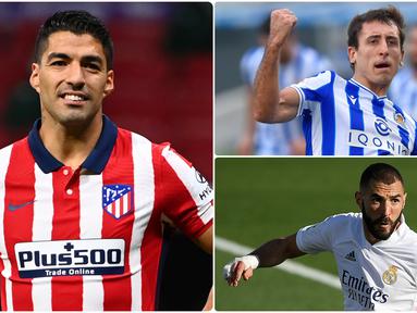 Nama Lionel Messi tidak masuk dalam daftar top skor sementara Liga Spanyol 2020/2021 di awal musim ini. Striker Real Sociedad, Mikel Oyarzabal, justru berstatus top skor sementara Liga Spanyol yang diikuti dengan Luis Suarez. Berikut top skor sementara Liga Spanyol. (kolase foto AFP)