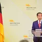 Presiden Jokowi saat berbicara di pembukaan pertemuan bisnis di Hall 2 Hannover Fairground, Hannover. Jokowi mengajak para pebisnis Jerman untuk berinvestasi di Ibu Kota Nusantara (IKN), Kalimantan Timur.