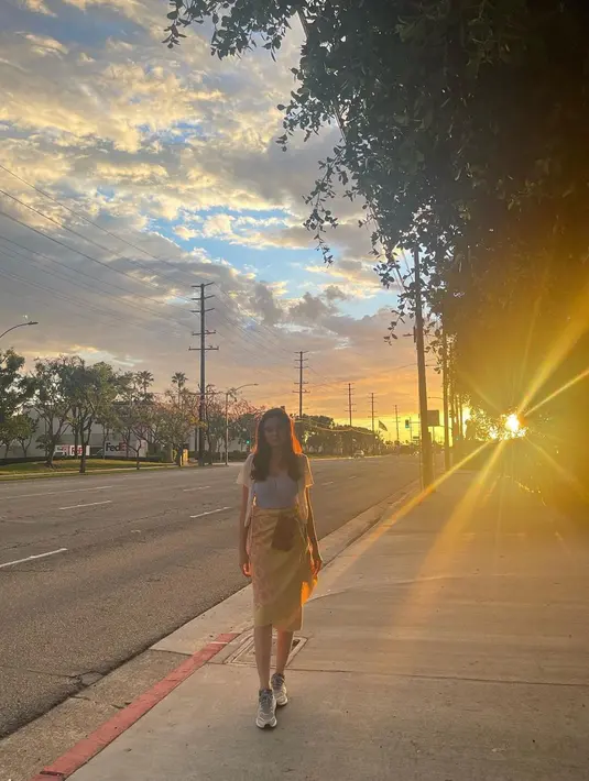 Pagi hari menjadi waktu yang sangat menarik untuk menikmati suasan syahdu California. Syifa Hadju meluangkan waktu untuk menikmati momen indahnya matahari terbit di jalanan California. Potret outfit simpel Syifa Hadju tetap membuatnya terlihat menawan. (Liputan6.com/IG/@syifahadjureal)