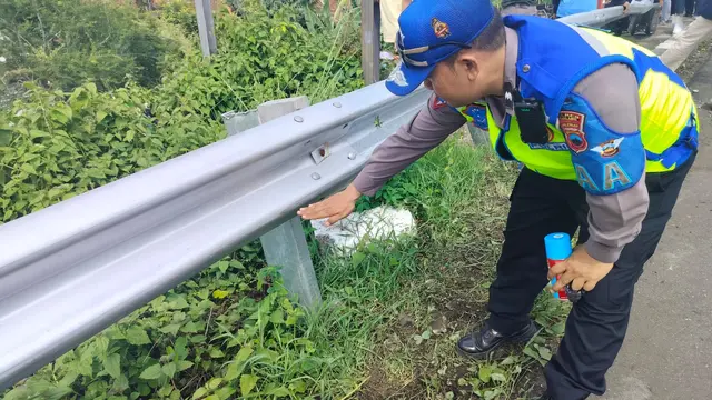 Polisi olah TKP kecelakaan tunggal bus terjun tabrak pembatas di Tol Pemalang-Batang. (Foto: Liputan6.com/Polres Pemalang)