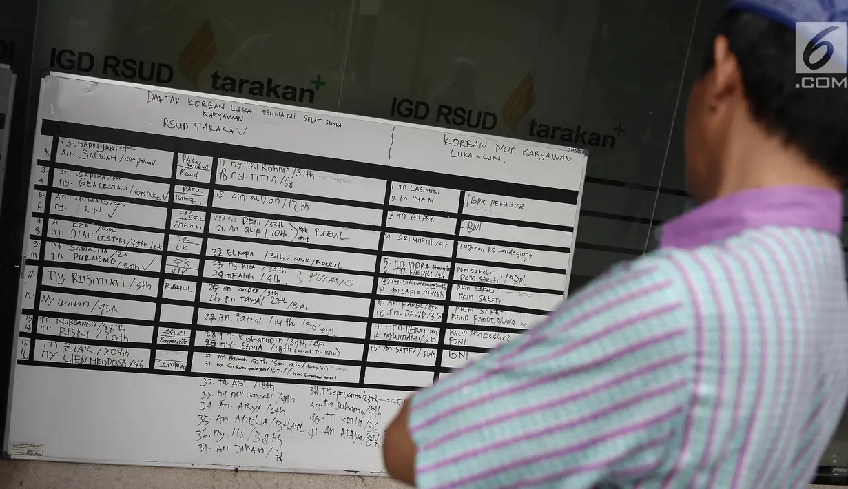 Keluarga melihat daftar korban luka tsunami Selat Sunda karyawan RSUD Tarakan di RSUD Tarakan, Jakarta, Selasa (24/12). Sepuluh karyawan RSUD Tarakan meninggal. (Liputan6.com/Herman Zakharia)