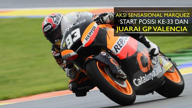 Marc Marquez melakukan aksi sensasional pada GP Valencia 2012 usai start dari posisi ke-33, ia memenangi balapan tsb di posisi ke-1