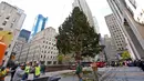 Pekerja menggunakan alat berat untuk menempatkan pohon Natal raksasa di Rockefeller Center, kota New York, Sabtu (10/11). Lampu Pohon Natal The Rockefeller Center akan dinyalakan pada 29 November 2018 mendatang. (AP Photo/Julie Walker)