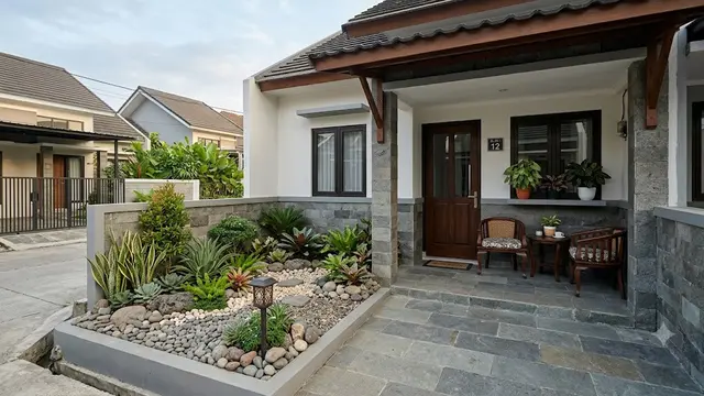 6 Inspirasi Teras Rumah Tipe 36 dengan Sentuhan Batu Alam, Bikin Fasad Makin Estetik