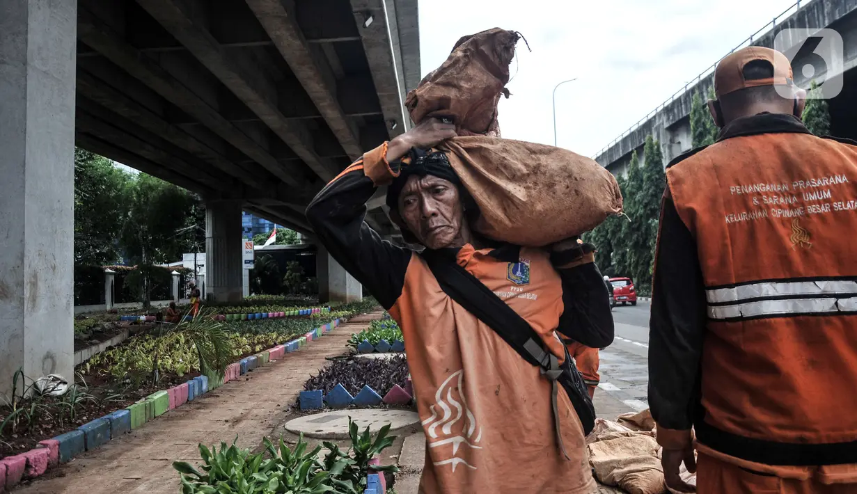 Petugas penanganan prasarana dan sarana umum (PPSU) Kelurahan Cipinang Besar Selatan saat menyelesaikan pembuatan taman di Jalan DI Panjaitan, Jakarta Timur, Rabu (14/12/2022). Berdasarkan data Badan Kepegawaian Daerah (BKD) DKI melalui e-PJLP, jumlah petugas di DKI Jakarta hingga saat ini mencapai 85.310 orang. (merdeka.com/Iqbal S. Nugroho)