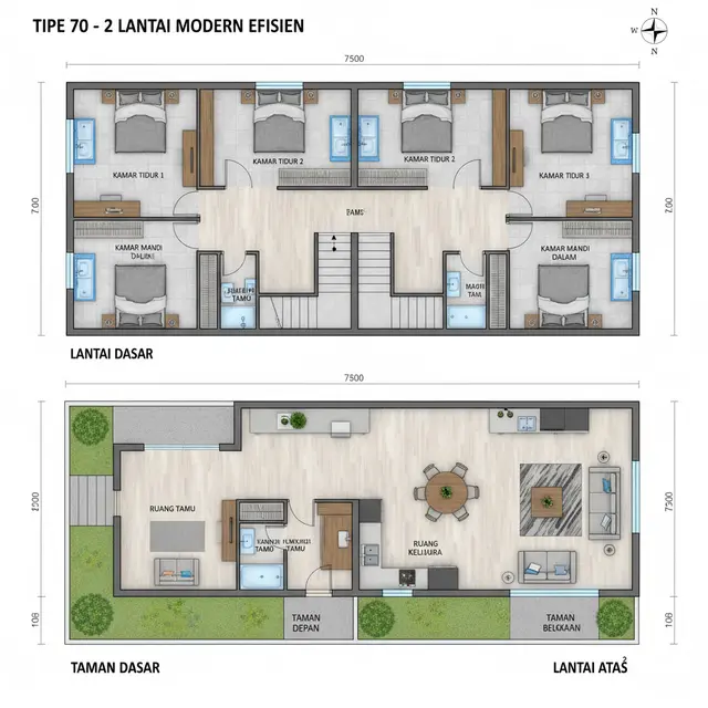 Desain Rumah Tipe 70 di Tanah Memanjang. Gemini