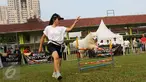 Pelatih sedang melatih anjing peliharaan dalam ajang Purina Pro Plan Boot Camp di Senayan, Jakarta (06/10). Sebanyak 150 anjing dan kucing berkumpul dan bermain bersama. (Liputan6.com/Fery Pradolo)