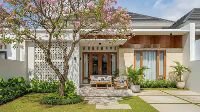 Desain Rumah Modern Terang dengan Teras Mini, Tabebuya dan Roster Estetik