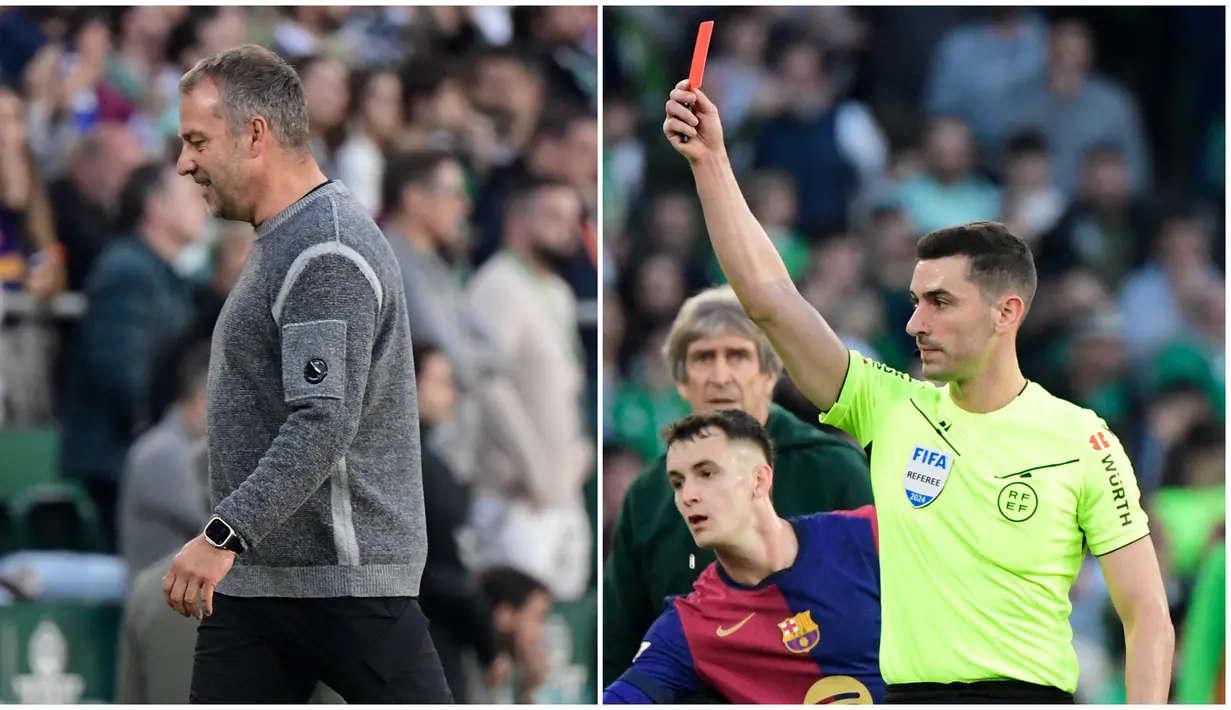 Barcelona gagal meraih kemenangan atas Real Betis setelah kemenangan di depan mata buyar. Hasil minor ini kian terasa pahit lantaran sang pelatih Hansi Flick mendapat kartu merah dari wasit. (AFP/Cristina Quicler)