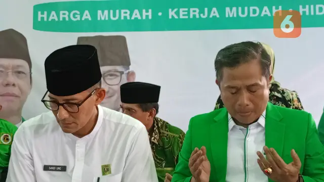 Sandiaga Uno Bersama Ssubadri Ushuludin, Ketua DPW PPP Banten, saat Doa Bersama. (Sabtu, 19/08/2023). (Yandhi deslatama/Liputan6.com).