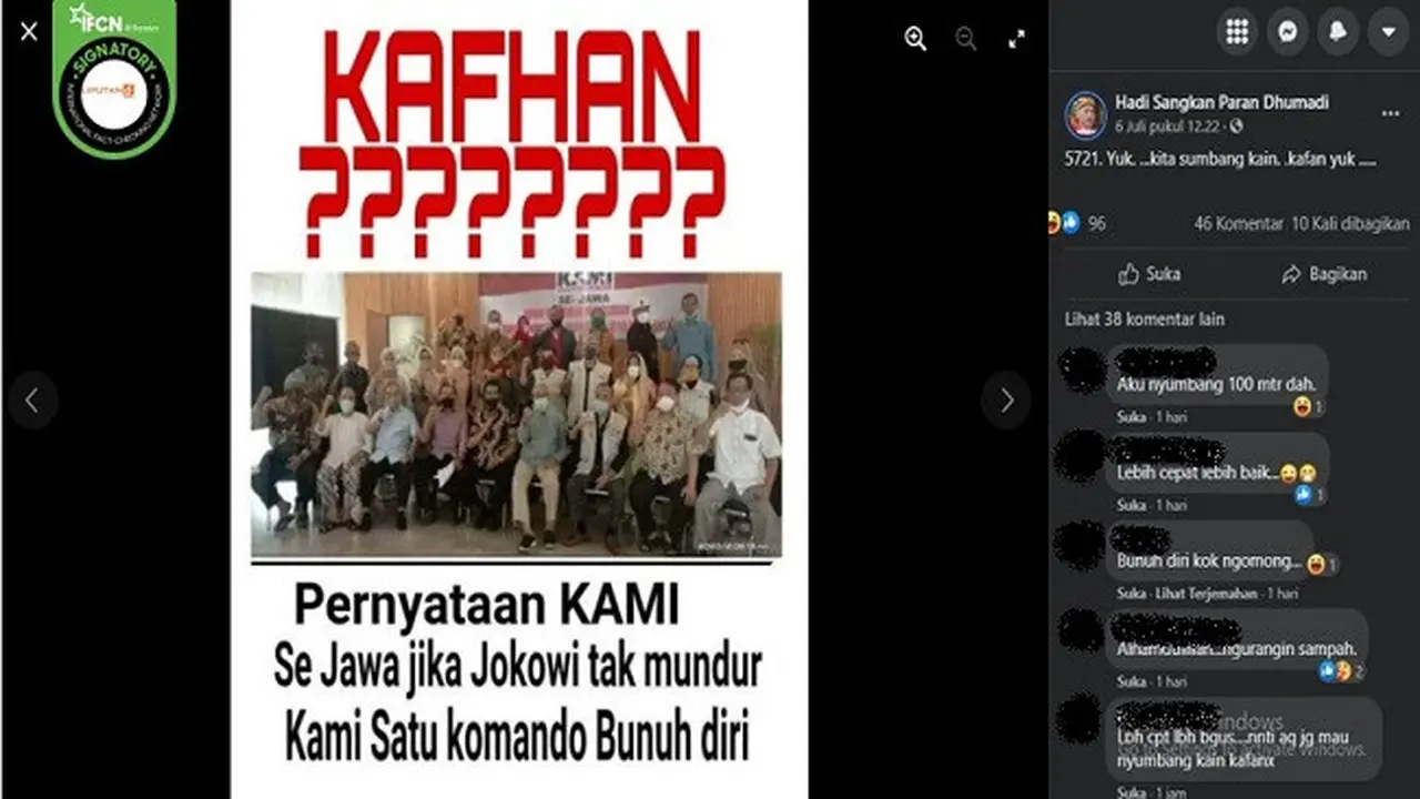 Gambar Tangkapan Layar Kabar tentang Anggota KAMI se-Jawa akan Bunuh Diri Jika Jokowi Tak Mundur dari Kursi Presiden (sumber: Facebook)