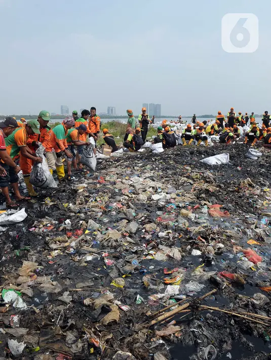 Dinas Lingkungan Hidup DKI Jakarta, Sudin Lingkungan Hidup Kepulauan Seribu, dan UPK Badan Air mengangkut sampah dengan karung. (merdeka.com/Imam Buhori)