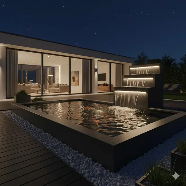7 Model Kolam Ikan Hias Minimalis dengan Lampu LED Elegan, Percantik Halaman Rumah Modern 2025