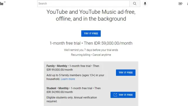 Harga baru YouTube Premium Paket Family di Indonesia (Tangkapan layar YouTube)