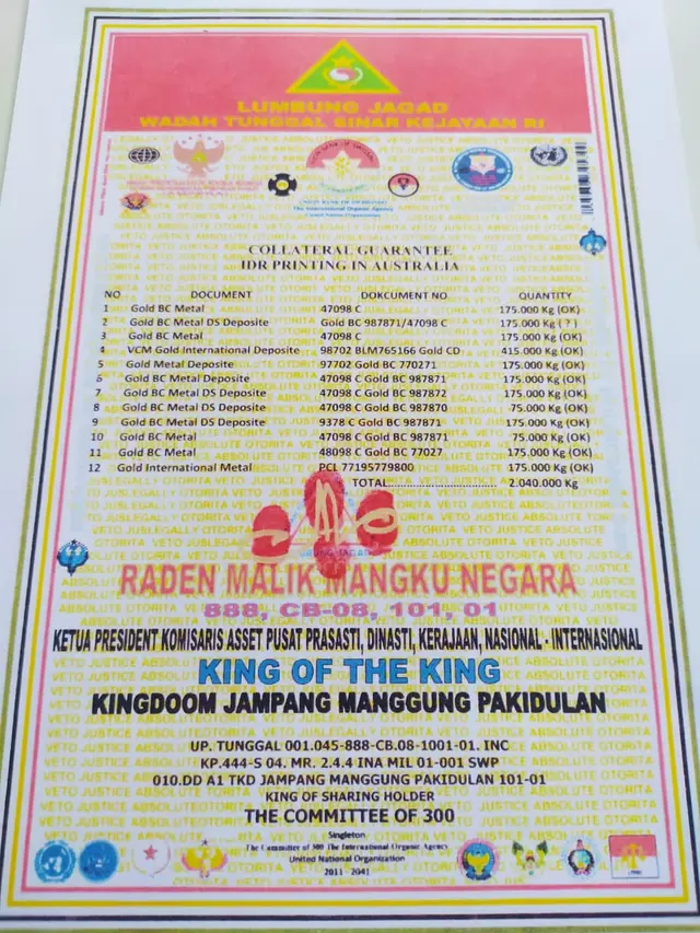 Daftar kekayaan amanat bangsa Indonesia yang diklaim Paguyuban Kandang Wesi Tunggal Rahayu, bisa dicairkan mereka untuk memberikan kesejahteraan bagi rakyat.