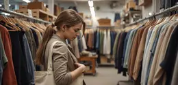 Ilustrasi wanita muda berbelanja di toko barang bekas, dengan hati-hati memeriksa jaket bekas. Membeli baju bekas atau sering disebut thrift bisa menjadi salah satu contoh penerapan hidup frugal Living. (Foto by AI)