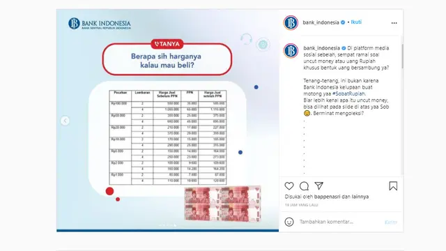 Uang Bersambung atau Uang Tidak Dipotong BI. Instagram BI